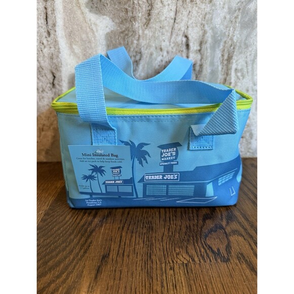 Trader Joe's Bag BLUE w Green Zipper Mini Lunch Insulated Tote Bag NEW Fast Ship - Picture 2 of 9